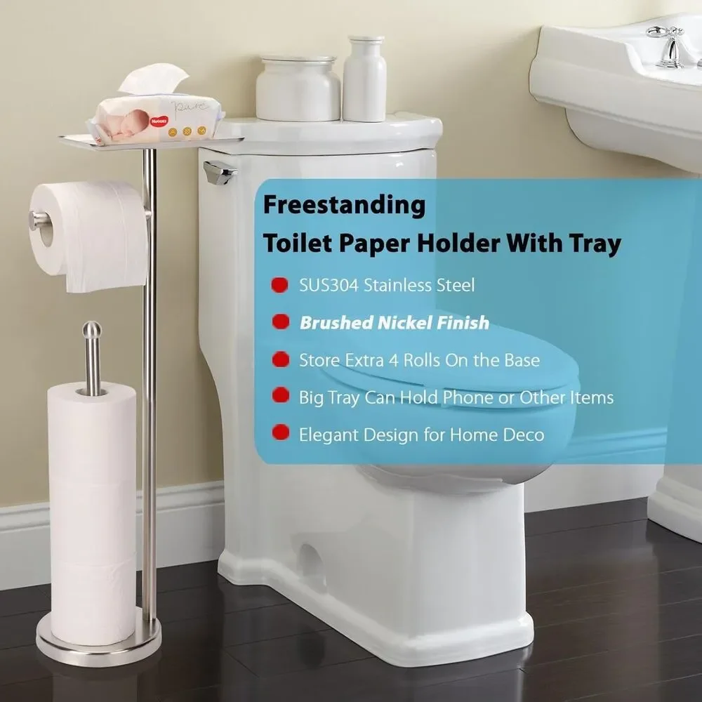 Toilet Paper Holder with Shelf, Freestanding Toilet Paper Stand with Tray for...